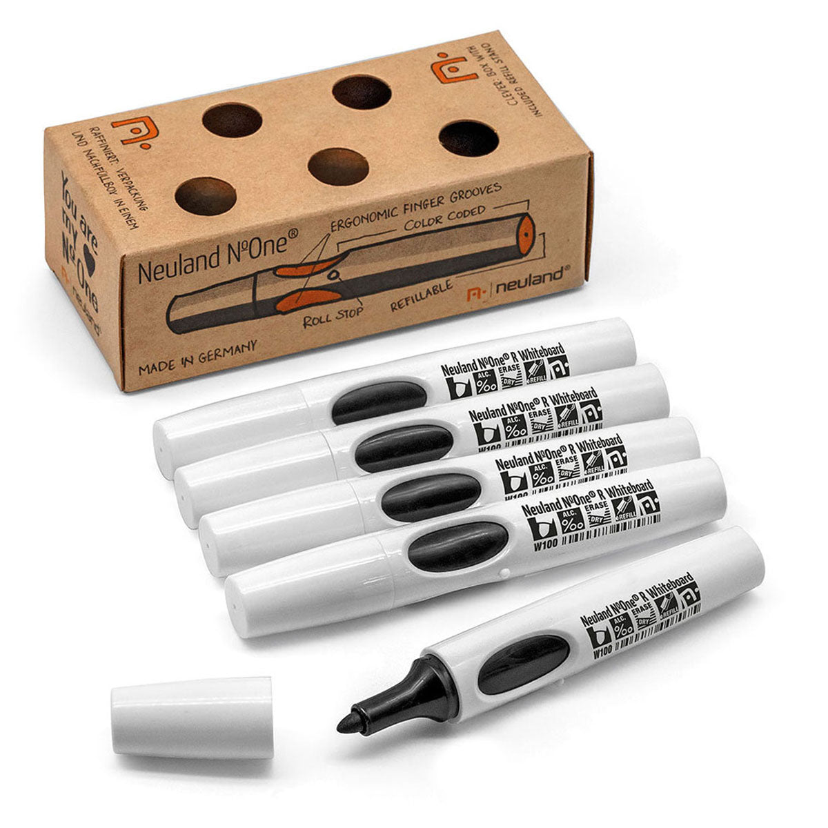 Neuland No.One® R Whiteboard, ronde penpunt 2-4 mm, 5/sets - Set No. WU1 black