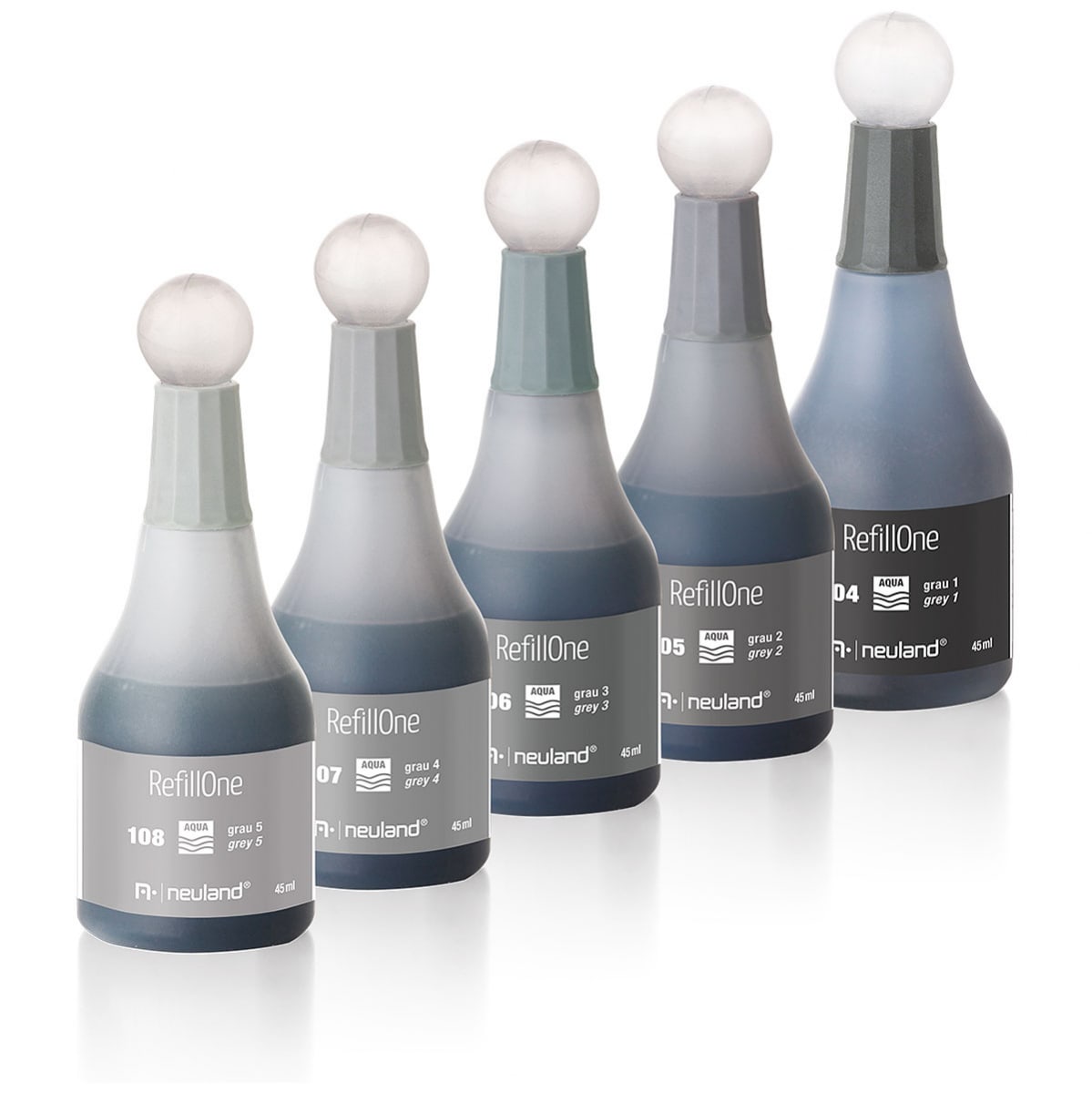 RefillOne Ink, water-based, 5/color sets- set no. 7 tones of grey