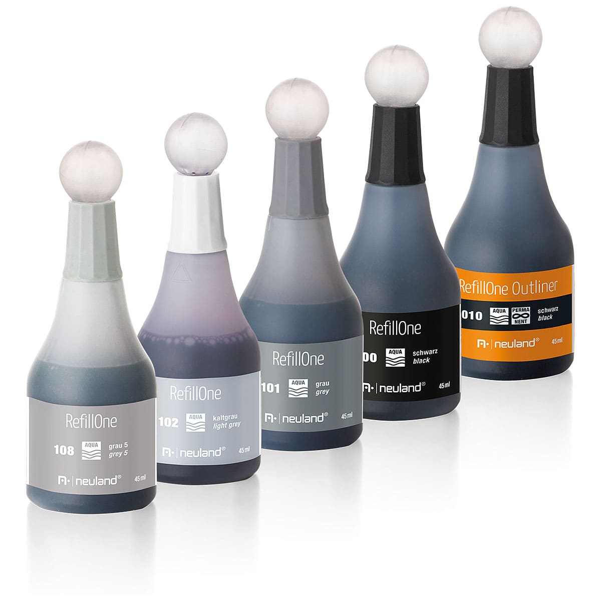 RefillOne Ink, water-based, 5/color sets- set no. 10 from grey to black