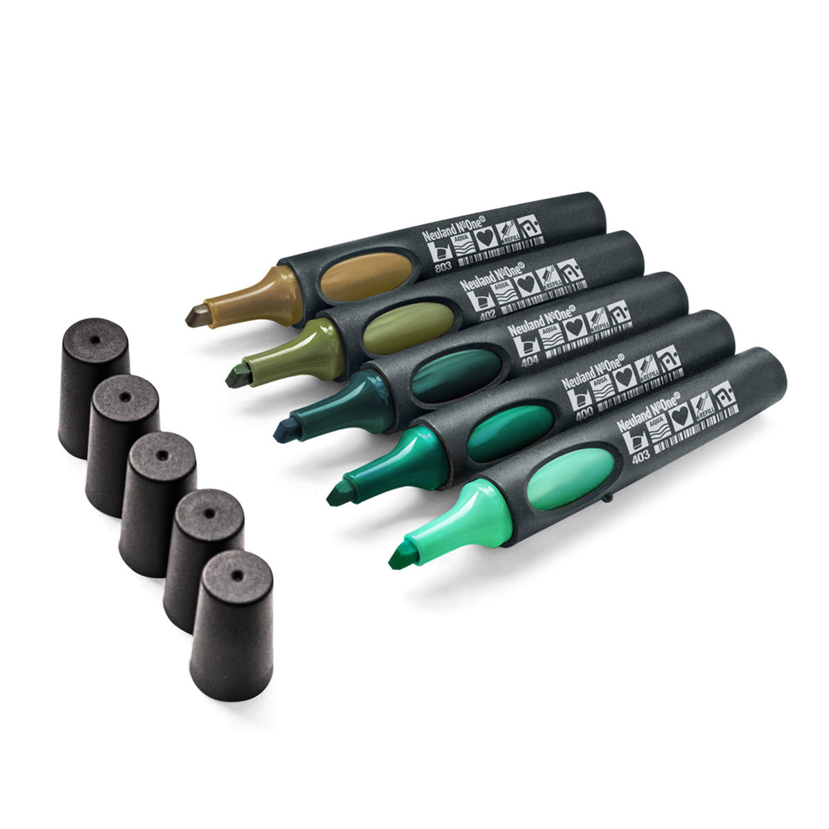 Neuland No.One®, wedge nib 2-6 mm, 5/color sets- set no. 12 back to green