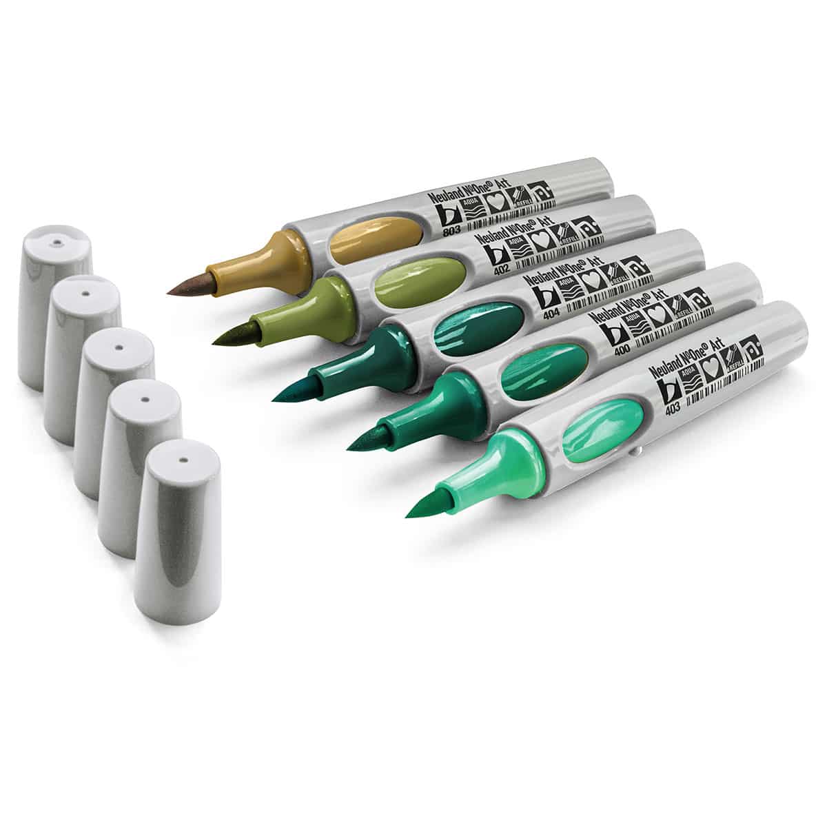 Neuland No.One® Art, brush nib 0,5-7 mm, 5/color sets- set no. 12 back to green