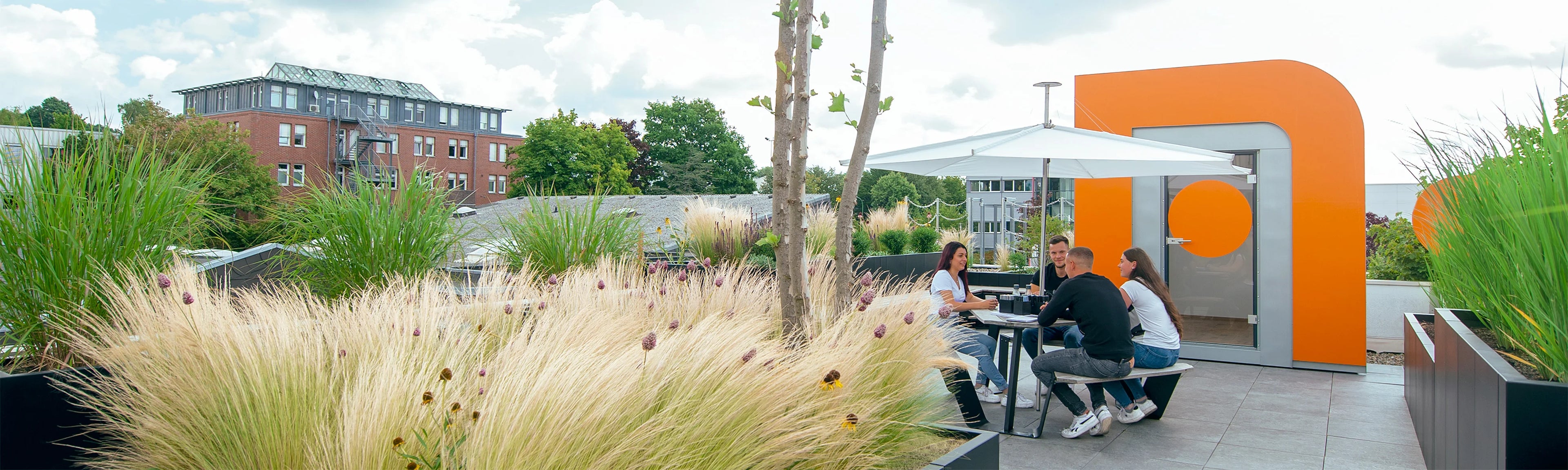 Mitarbeiter auf der Dachterrasse von Neuland.