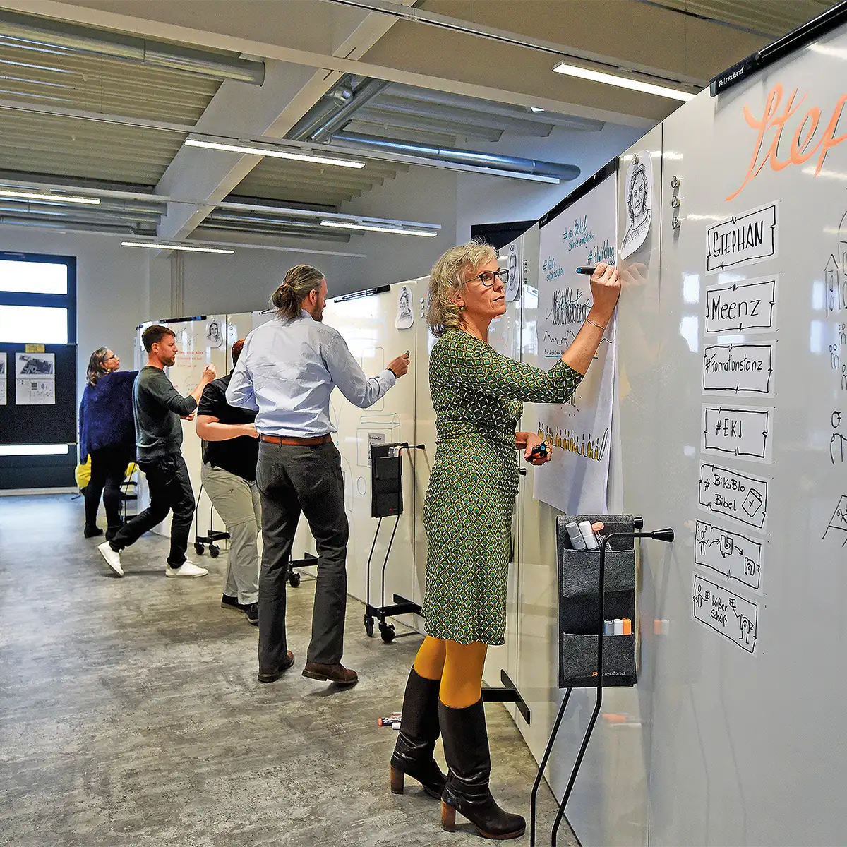 Menschen arbeiten an Whiteboards.