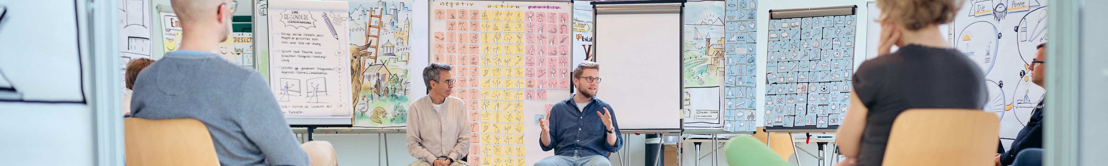 bikablo-Seminarsituation mit Menschen und vielen Tafeln.